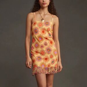 (1 of 2) FARM Rio x Anthropologie Slim Fringe Mini Dress Sun Motif in Yellow